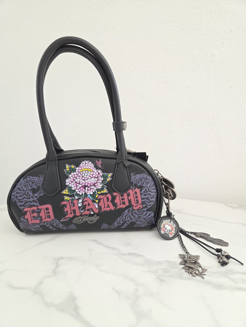 Ed Hardy Tiger Rose Tattoo Black Vegan Leather Barrel Bag NWT Charms Edgy - Picture 3 of 16